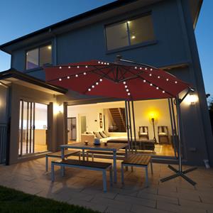 Costway Sonnenschirm mit LED-Solar-Beleuchtung Drehbar Ampelschirm für Garten Ø 300 cm Rot