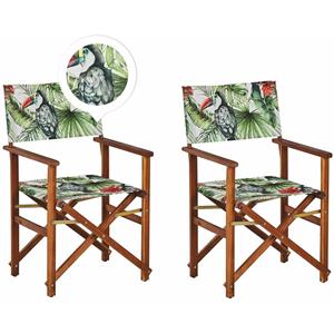 beliani Gartenstühle 2er Set Dunkles Akazienholz mit Wechselbarem Bezug Cremeweiß / Bunt Zusammenklappbar Tukanmuster Outdoor Gartenzubehör