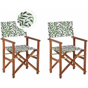 beliani Gartenstühle 2er Set Dunkles Akazienholz mit Wechselbarem Bezug Cremeweiß / Grün Zusammenklappbar Blattmuster Outdoor Gartenzubehör