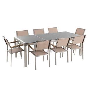 Beliani - Gartenmöbel Set Grau Beige Granit Edelstahl Tisch 220 cm Poliert 8 Stühle Terrasse Outdoor Modern - Silber