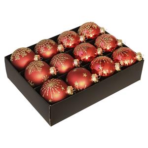 Othmar Decorations 12x Glazen gedecoreerde kerstballen rood 7,5 cm -