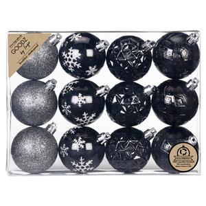 Christmas goods Inge Christmas kerstballen gedecoreerd - 12x - zwart - 6 cm -kunststof -