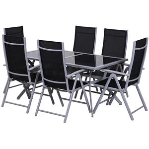 Sunny Tuinset alu inklapbaar incl. tafel met zwarte glasplaat en 6 stoelen