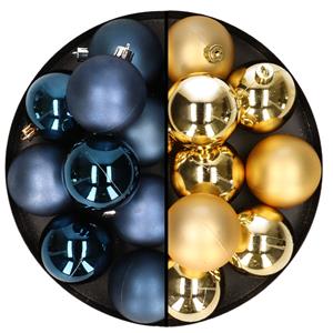 24x stuks kunststof kerstballen mix van donkerblauw en goud 6 cm -
