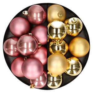 24x stuks kunststof kerstballen mix van goud en oudroze 6 cm -