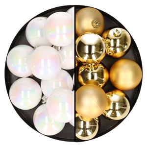 24x stuks kunststof kerstballen mix van goud en parelmoer wit 6 cm -