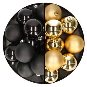 24x stuks kunststof kerstballen mix van goud en zwart 6 cm -
