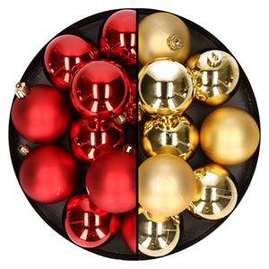 24x stuks kunststof kerstballen mix van rood en goud 6 cm -