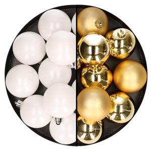 24x stuks kunststof kerstballen mix van wit en goud 6 cm -