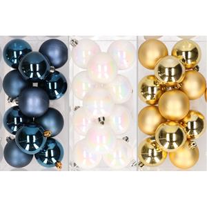 36x stuks kunststof kerstballen mix van donkerblauw, parelmoer wit en goud 6 cm -
