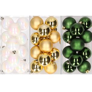 36x stuks kunststof kerstballen mix van parelmoer wit, goud en donkergroen 6 cm -