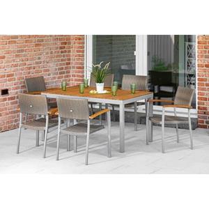MERXX Tuin-eethoek Silano 6 stapelstoelen met armleuningen, tafel, acaciahout/aluminiumframe (7-delig)