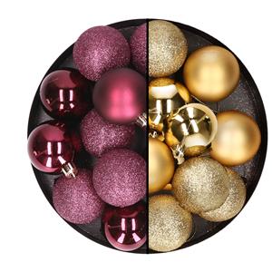 24x stuks kunststof kerstballen mix van aubergine en goud 6 cm -