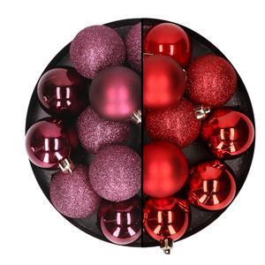 24x stuks kunststof kerstballen mix van aubergine en rood 6 cm -