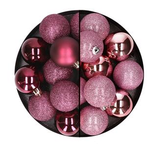 24x stuks kunststof kerstballen mix van aubergine en roze 6 cm -