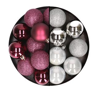 24x stuks kunststof kerstballen mix van aubergine en zilver 6 cm -