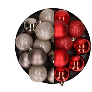 24x stuks kunststof kerstballen mix van champagne en rood 6 cm -
