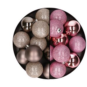 24x stuks kunststof kerstballen mix van champagne en roze 6 cm -