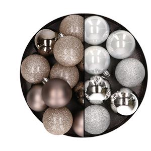 24x stuks kunststof kerstballen mix van champagne en zilver 6 cm -
