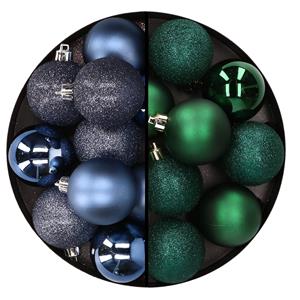 24x stuks kunststof kerstballen mix van donkerblauw en donkergroen 6 cm -