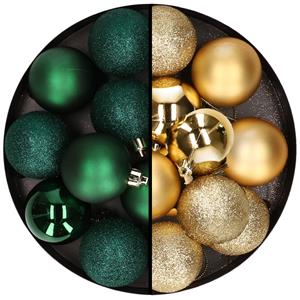 24x stuks kunststof kerstballen mix van donkergroen en goud 6 cm -