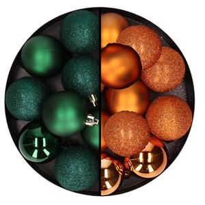 24x stuks kunststof kerstballen mix van donkergroen en oranje 6 cm -