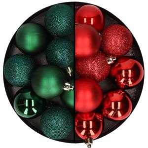 24x stuks kunststof kerstballen mix van donkergroen en rood 6 cm -