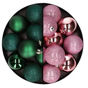 24x stuks kunststof kerstballen mix van donkergroen en roze 6 cm -
