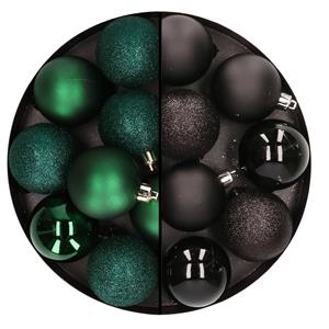 24x stuks kunststof kerstballen mix van donkergroen en zwart 6 cm -