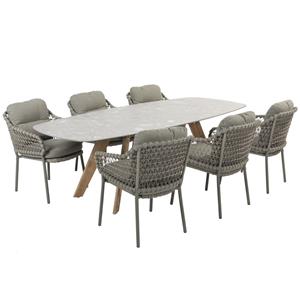 4 Seasons Outdoor Montana Jura keramiek Terrazzo dining tuinset 240x103xH75 cm 7 delig teak olijf 