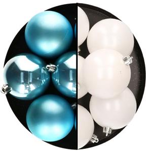 Decoris Kerstballen - 12x St - 8 Cm - Wit En Blauw -plastic