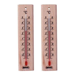 Amig Thermometer binnen/buiten - 2x - hout - bruin - 14 x 3 cm -
