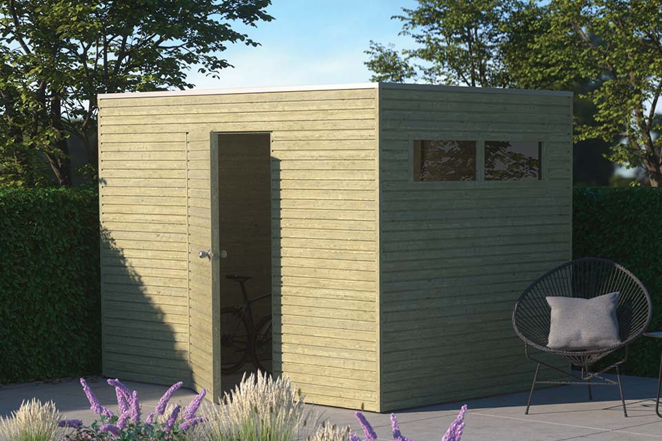 Alpholz - Gerätehaus qb (optional mit Schleppdach Gartenhaus aus Holz in Grün, Geräteschuppen mit 28 mm Wandstärke, Gerätehütte mit Montagematerial