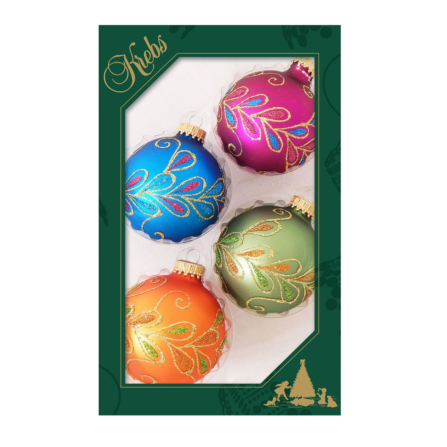 Krebs 4x stuks luxe glazen kerstballen 7 cm blauw/roze/oranje/groen -
