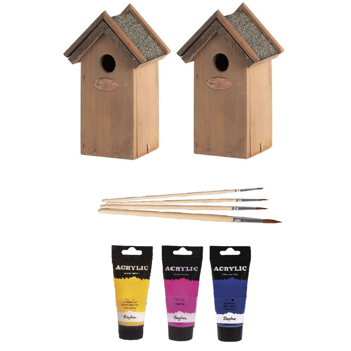 Lifetime Garden 2x Houten vogelhuisje/nestkastje 22 cm - roze/geel/blauw Dhz schilderen pakket -