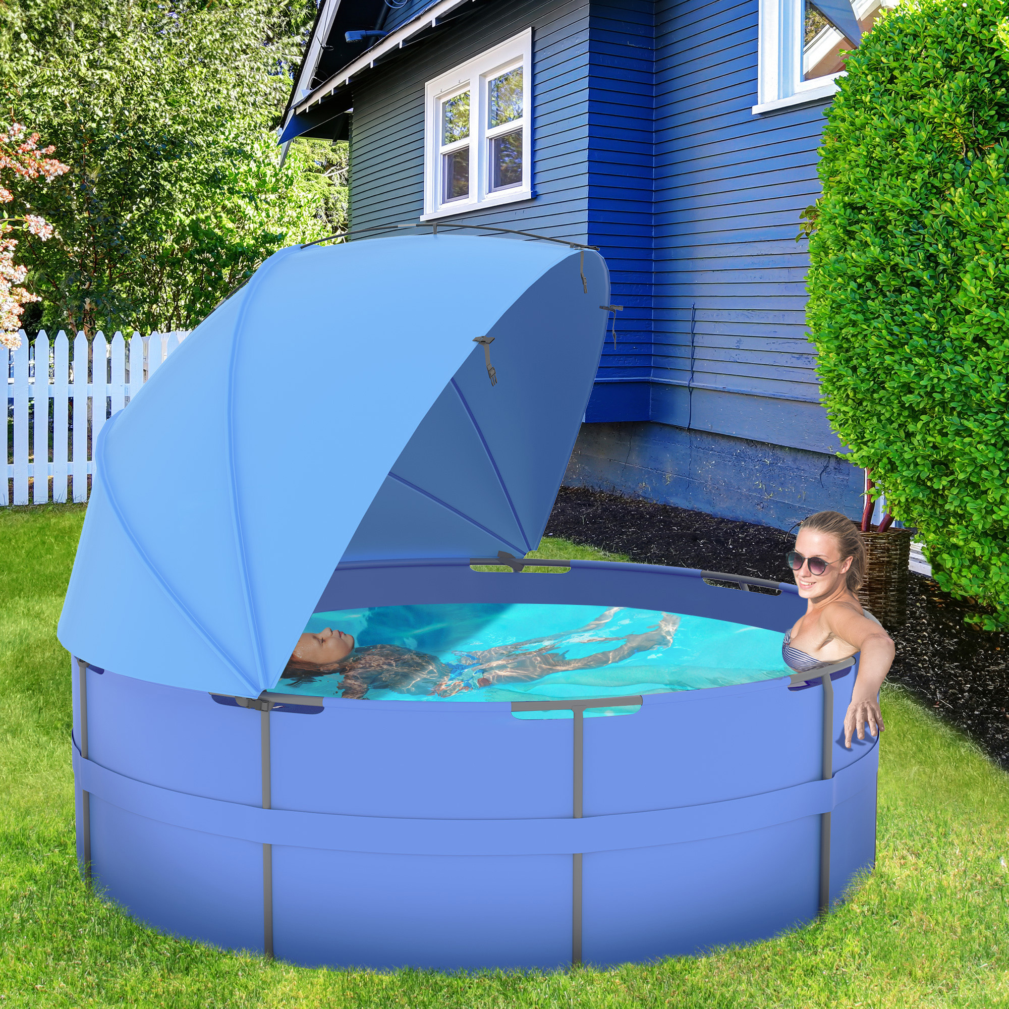 Sunny Zonnescherm voor zwembaden, eenvoudig in te stellen, instelbare positie, UV-bescherming, blauw, 3 x 1,5 x 1,2 m