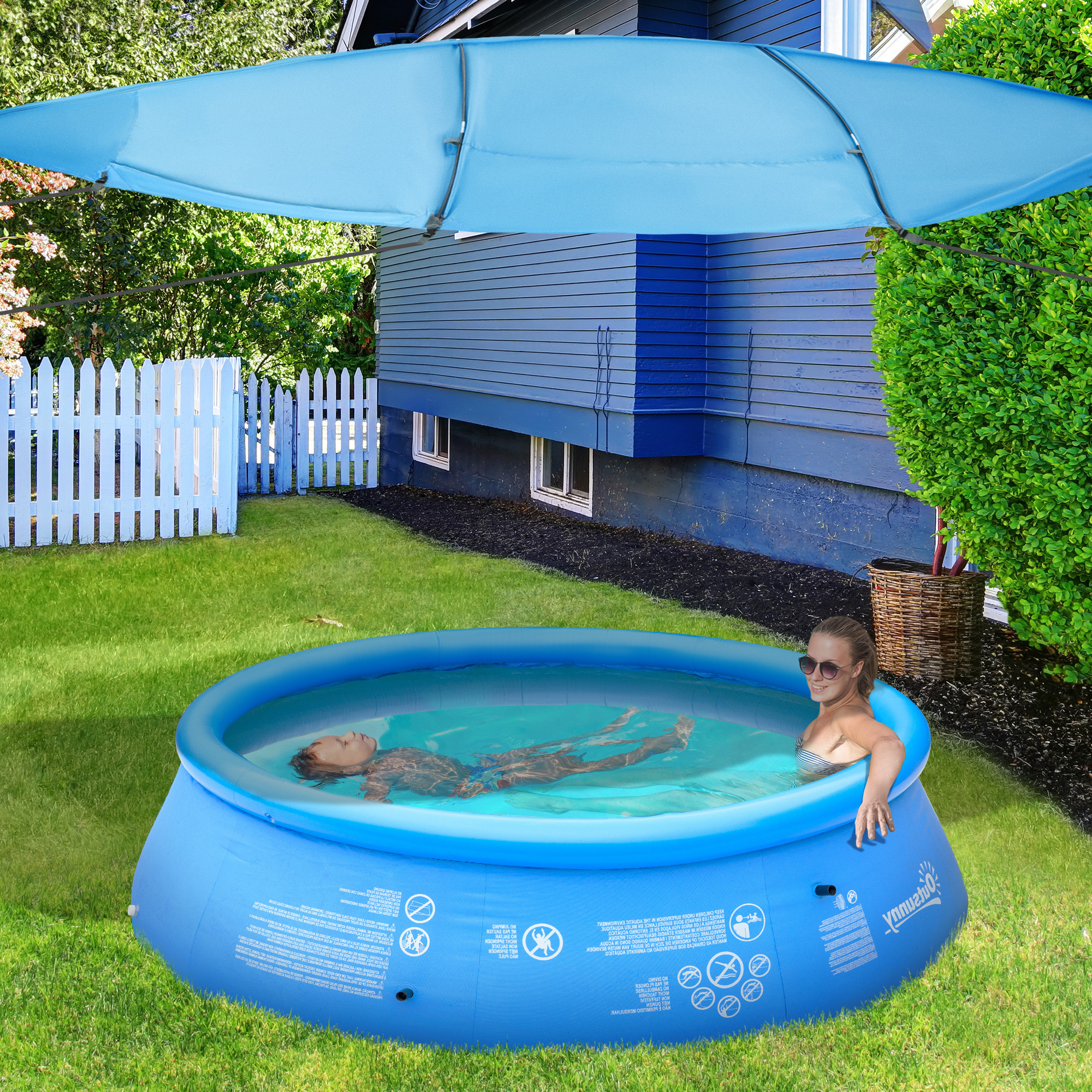 Sunny Zonnescherm voor zwembaden, eenvoudig in te stellen, instelbare positie, UV-bescherming, blauw, 3,6 x 1,75 x 1,2 m