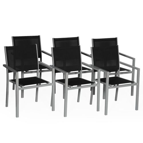 happygarden Satz von 6 Stühlen aus grauem Aluminium - schwarzes Textilene - Grau
