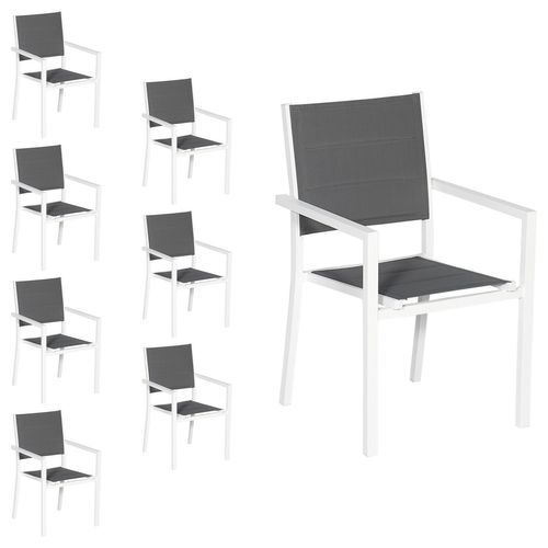 happygarden Happy Garden - Satz von 8 gepolsterten Stühlen aus weißem Aluminium - graues Textilene - Weiß