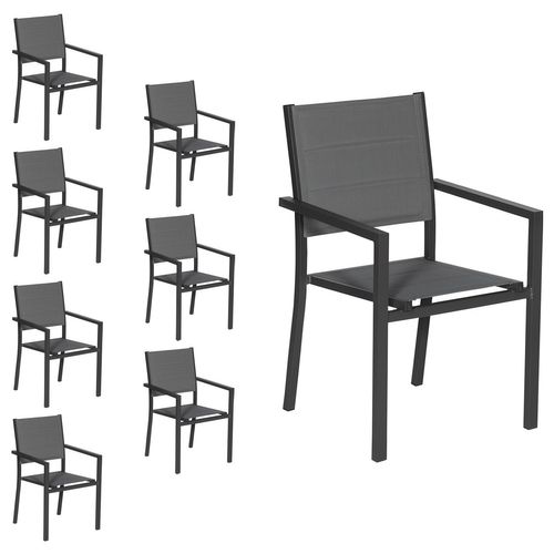 happygarden Happy Garden - Satz von 8 gepolsterten Stühlen aus anthrazitfarbenem Aluminium - graues Textilene - Grau