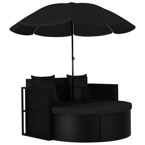 The Living Store  Poly Rattan - Tuinbed Met Parasol Poly Rattan Zwart - Tls47398