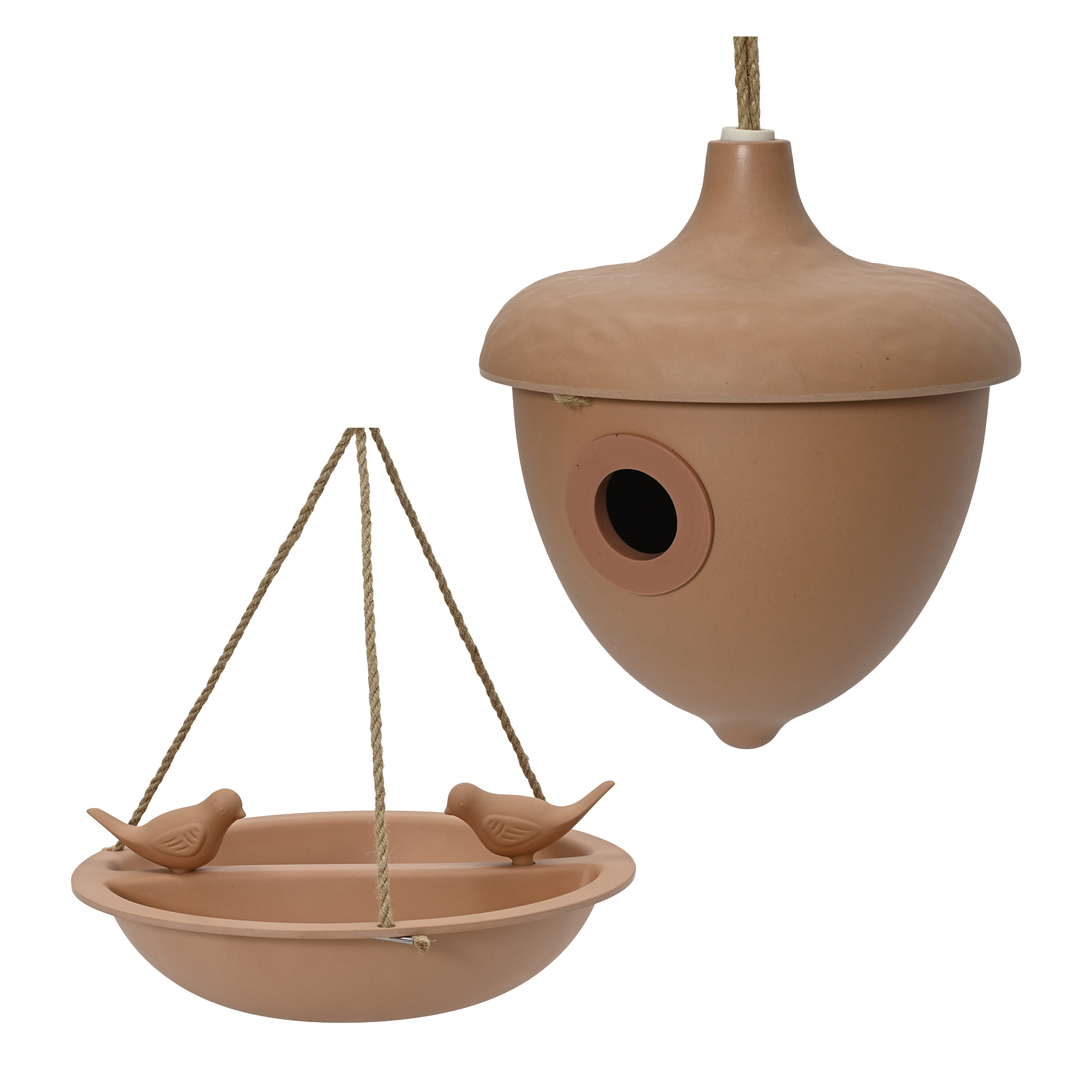 Decoris Vogelhuisje en voederschaal/vogelbadje - terracotta - bamboe - nestkastje -