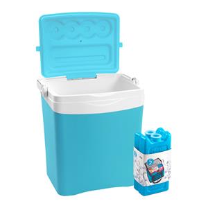 Merkloos Koelbox met koelelementen - 25 liter - kunststof - blauw - x 29 x cm -