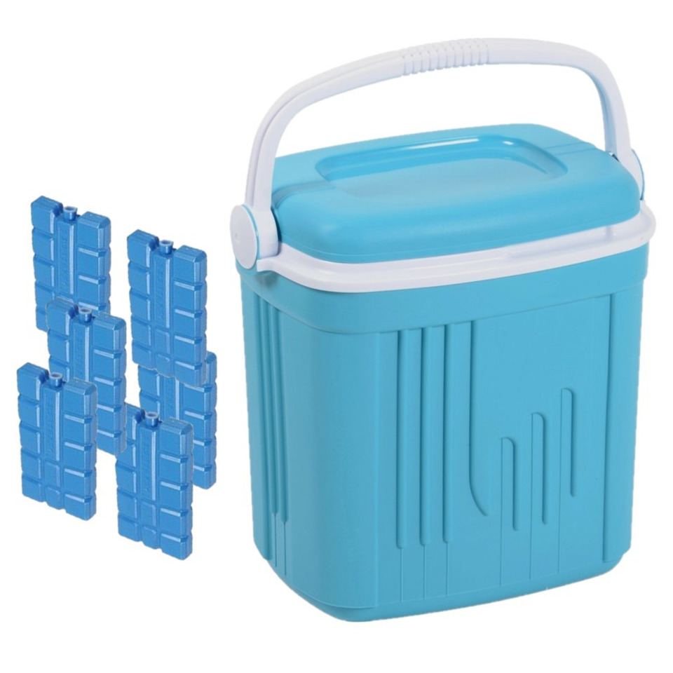 Merkloos Voordelige normale blauwe koelbox 20 liter met 6x normale koelelementen -