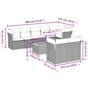 vidaXL 9-delige Loungeset met kussens poly rattan grijs