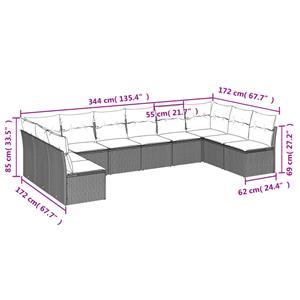 vidaXL 10-delige Loungeset met kussens poly rattan grijs