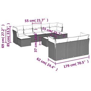 vidaXL 10-delige Loungeset met kussens poly rattan grijs