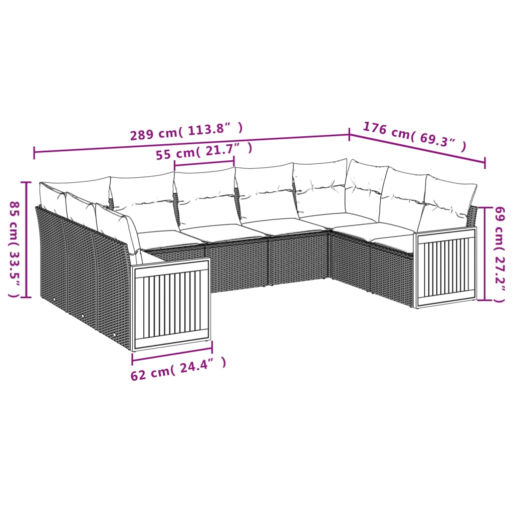 vidaXL 9-delige Loungeset met kussens poly rattan beige