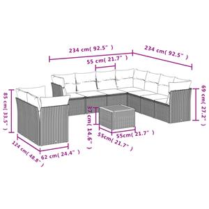 vidaXL 10-delige Loungeset met kussens poly rattan grijs