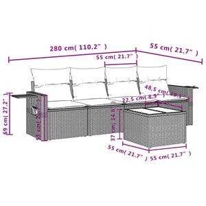 vidaXL 5-delige Loungeset met kussens poly rattan zwart